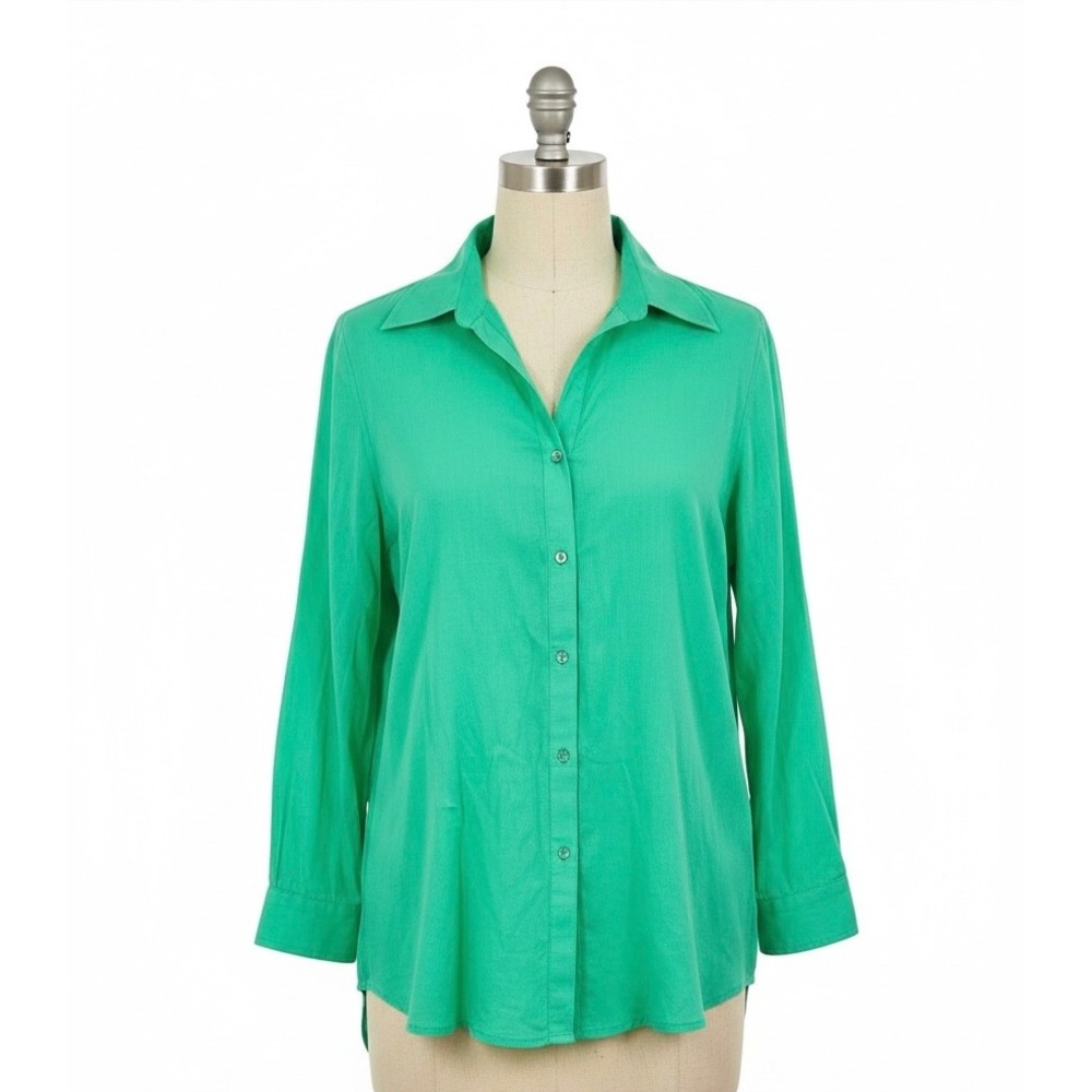 True Destination Button Down Shirt Green Cotton Roll Tab Sleeve‎ Medium